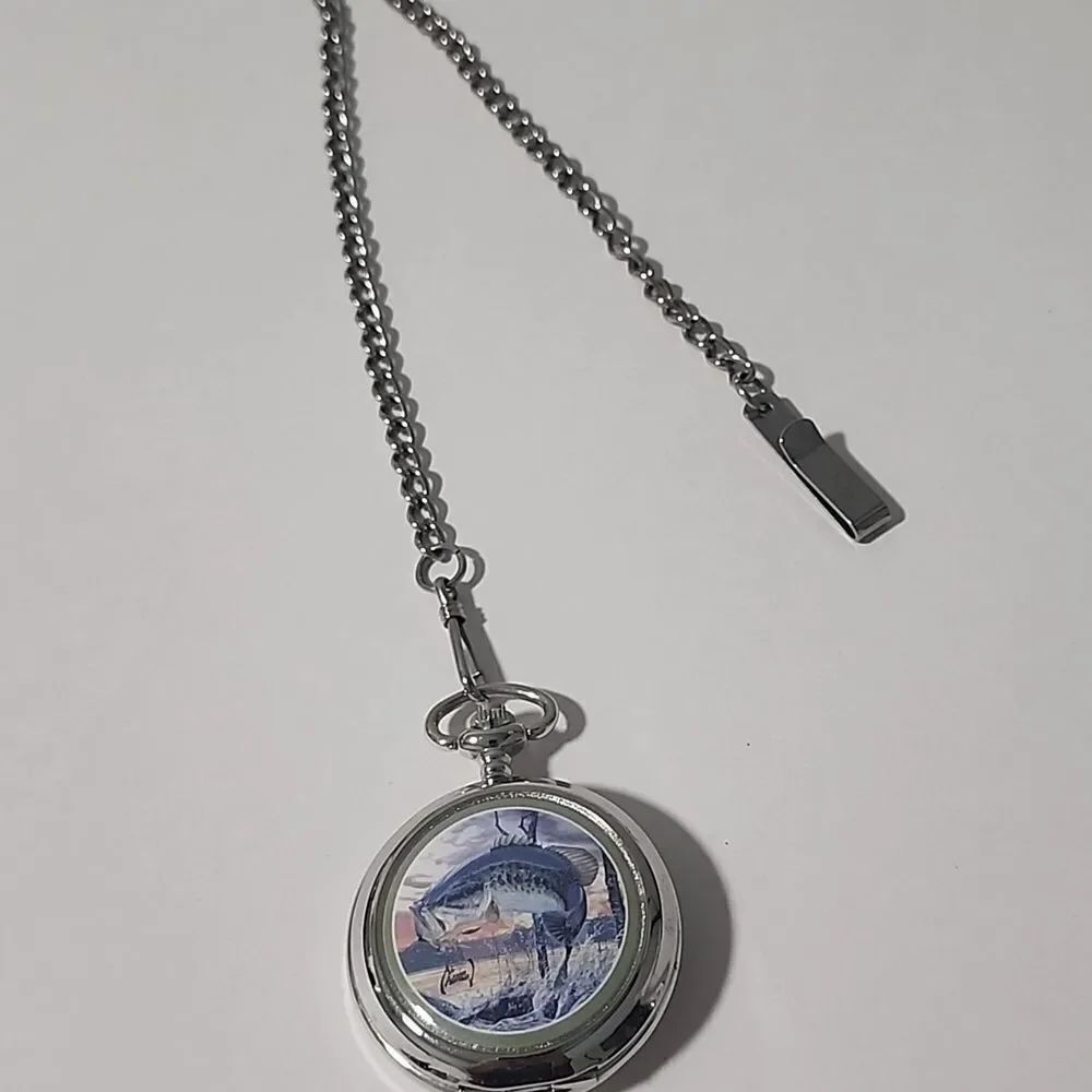 Al Agnew Bass Quartz Men's Pocket Watch WITH Chain Silver Tone